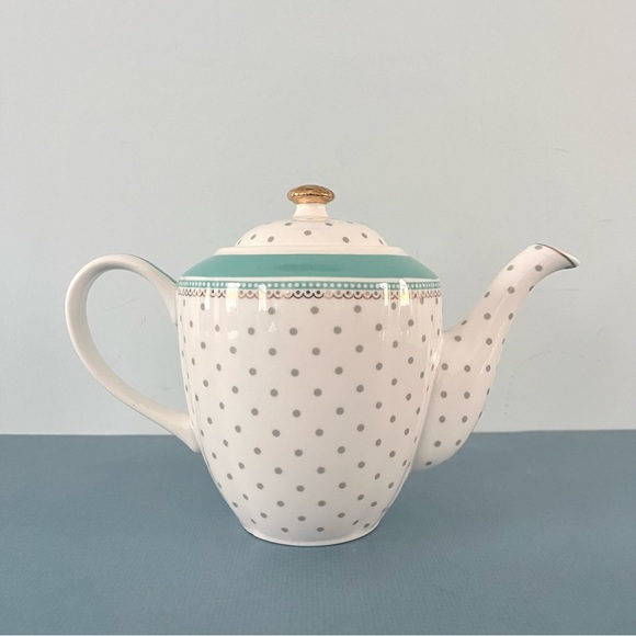 Grace’s Teaware Josephine Aqua Polka Dot Gold Porcelain Teapot - Picture 2 of 8